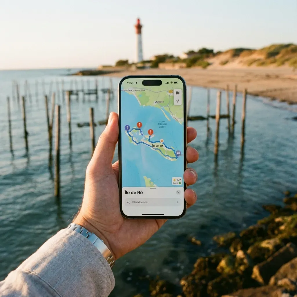 Application La Voie de l'Huître sur smartphone face à la mer